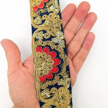 Navy Blue Art Silk Trim With Intricate Floral Embroidery With Sequins, Lace Trim, Indian Lace Trim